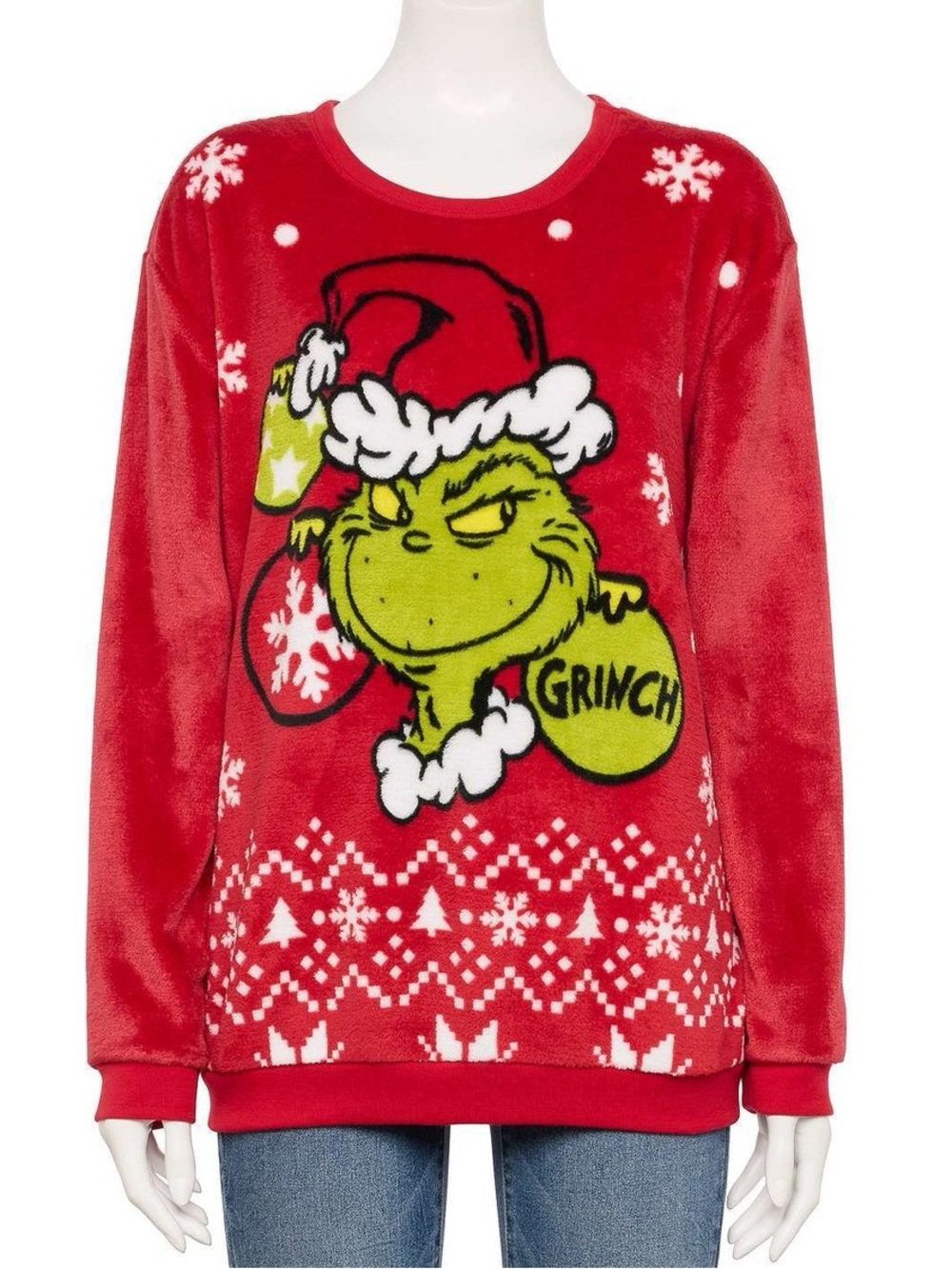 The Grinch Womens Size Medium Plush Sweatshirt Red White Green Graphic Christmas